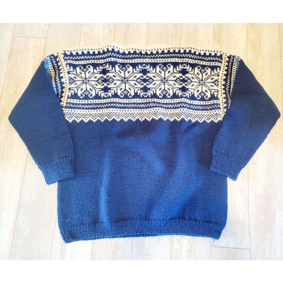 Vintage XL Wool Sweater Nordic Blue Cream Snowflakes Hand Knit 80's Cottagecore - Picture 2 of 4